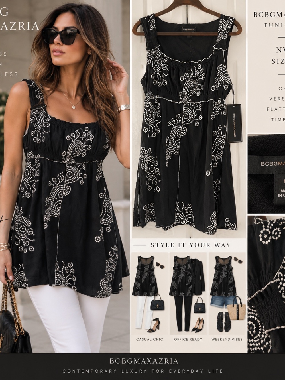 NWT- BCBGMaxAzria Black Tunic with White Embroidered Paisley